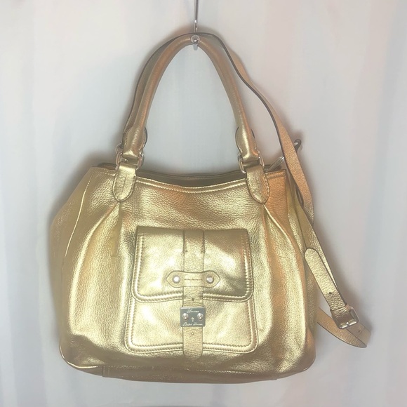 LAUREN RALPH LAUREN Gold Leather Satchel Tote with Shoulder Strap - Picture 1 of 14